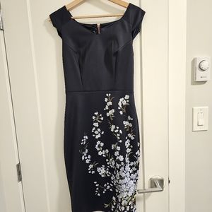 Navy Blue Size 1 Ted Baker dress with floral detail and rose gold zipper